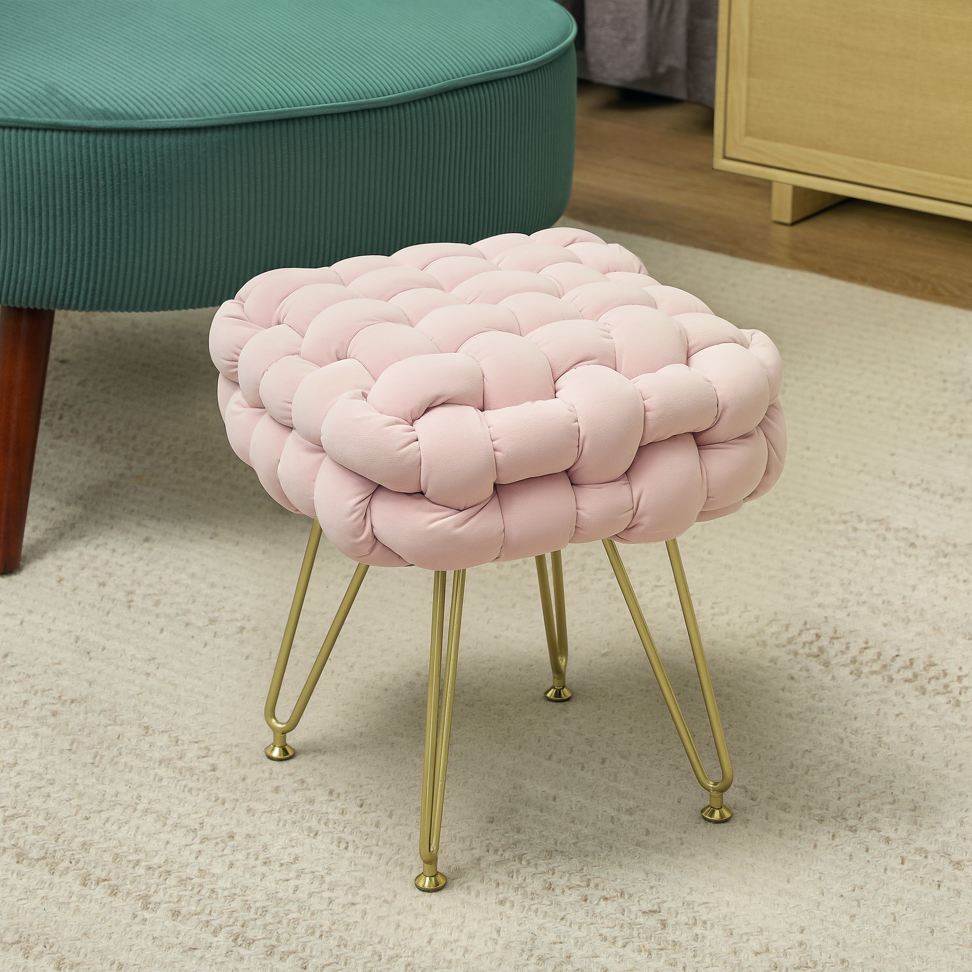 modern   stool woven velvet  stool with metal legs padded seat for living room bedroom entryway details 0