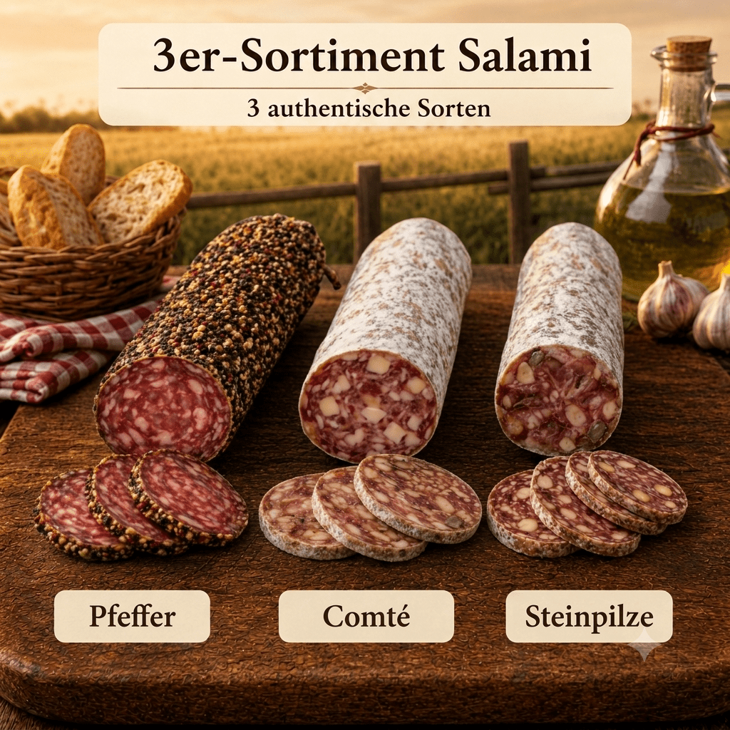 Image of 3-piece Salami Assortment - Flavors Pepper, Comté, And Porcini Mushrooms ◈ 100% French Salami ◈ Natural Casings And Hand-tied ◈ Artisanal Craftsmanship By Chillet House Since 1902