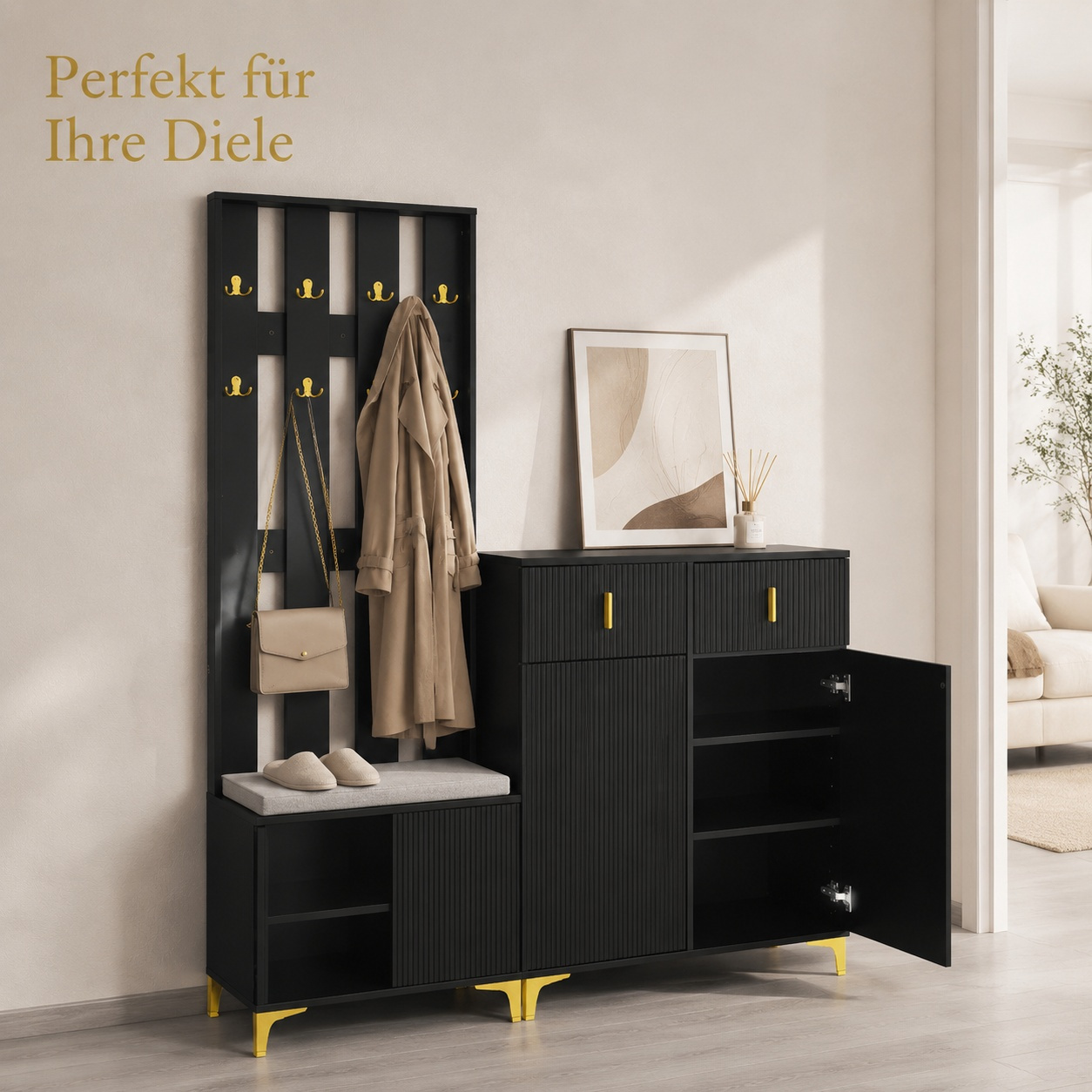 Image of 60.5" L X 180.5" H X 35.2" D (cm) + 83" L X 101" H X 35" D (cm) Wardrobe Set With Bench | Shoe Cabinet With Coat Rack, Golden Accents & Storage Space For Entryway