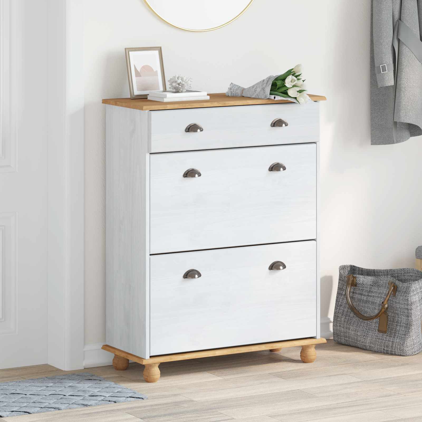Image of Shoe Cabinet Askim White 85 X 35 X 108 Cm Solid Pine Wood, Living Room, Modern Shoe Cabinet, Rectangular Pine Furniture, Minimalist Decor, Storage For Sneakers