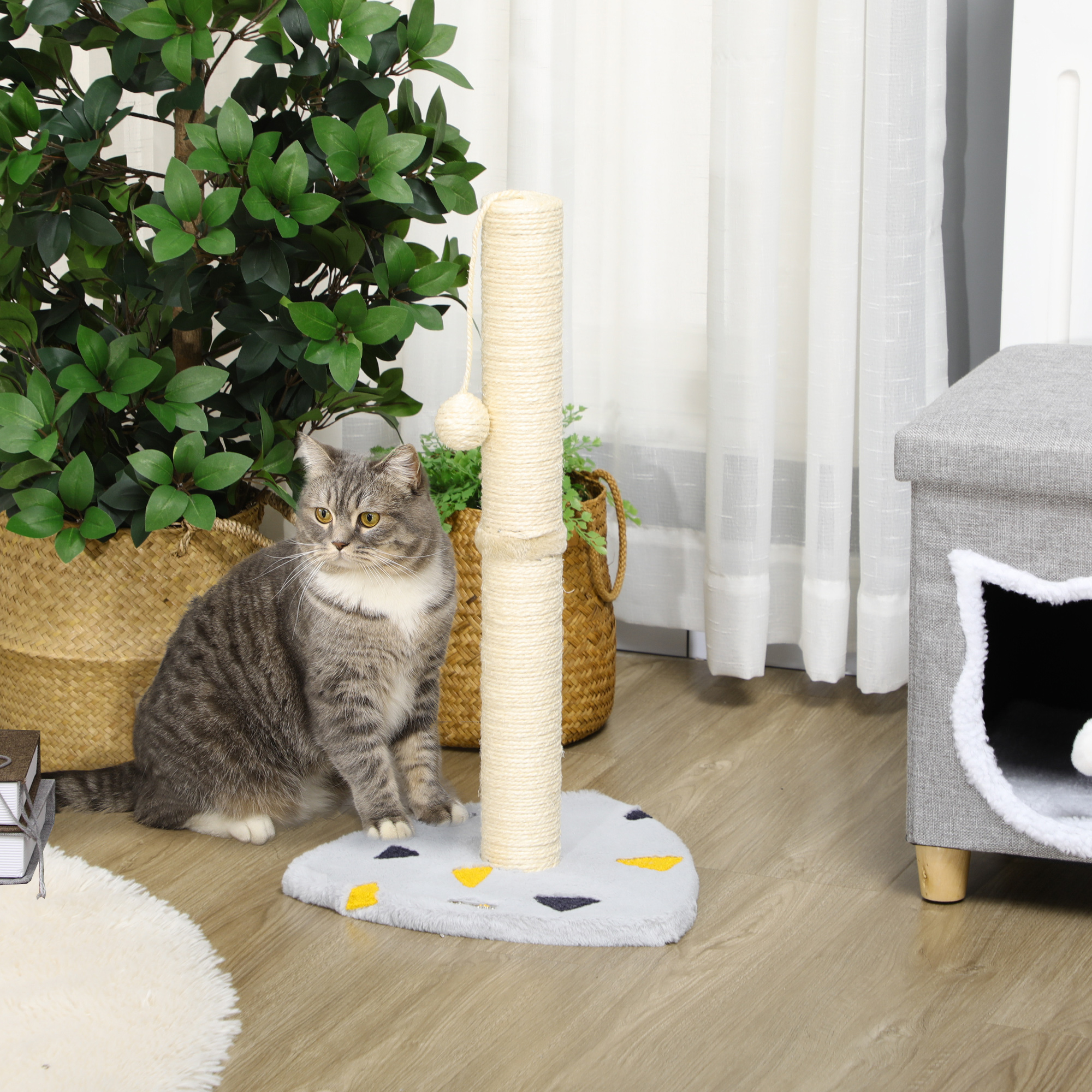 Image of Scratching Post, 62cm Scratching Column For Cats, Small Scratching Tree, Cat Scratching Tree With Scratching Ball, Jute Scratching Column, Cat Furniture, Indoor, Light Gray + Beige