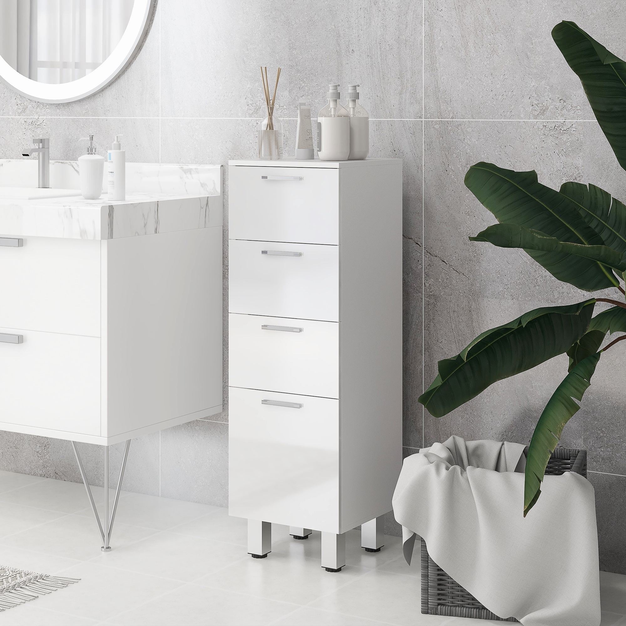Narrow Bathroom Cabinet, Toilet Cabinet With Adjustable Shelf, 3 Drawers, Bathroom Cabinet For Small Spaces Bathroom, Living Room 30 X 30 X 93 Cm White