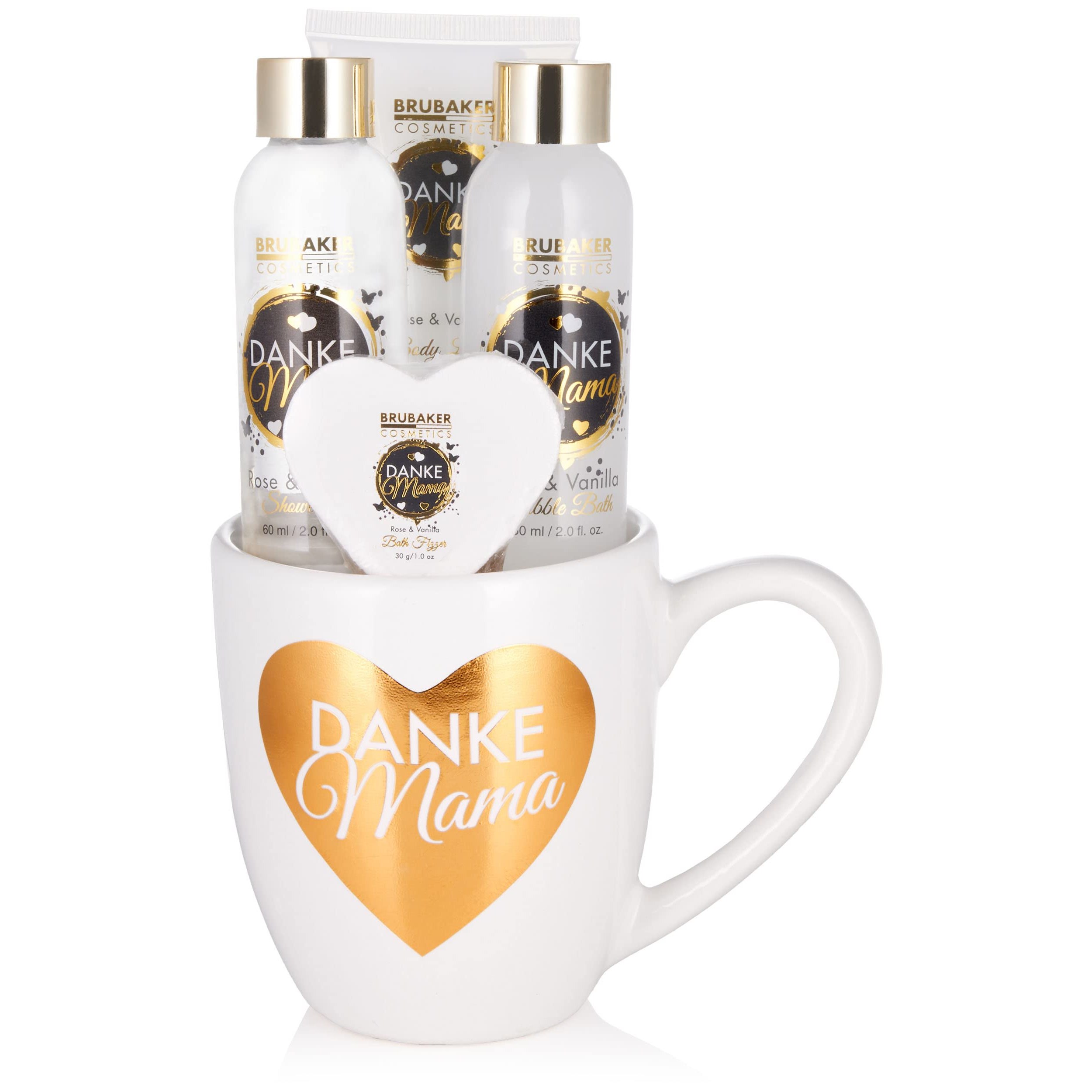 Image of Brubaker Cosmetics - Thank You Mom - 5-piece Shower And Bath Set With Scent - Set In Coffee Cup With Heart Decor - White Gold