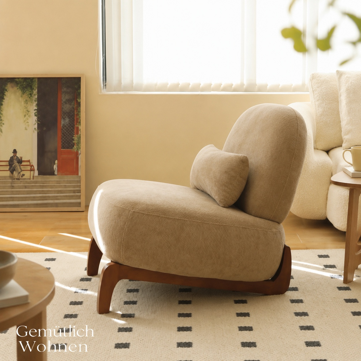 Image of 86.90 *72.10* 69.90cm Retro Velvet Leisure Chair With Solid Wood Legs, Single Chair With Removable Lumbar Cushion For Living Room Balcony Bedroom.