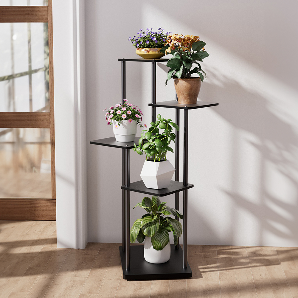 TEMU Irregular Multi-tier Plant Rack, 5/6 Tiers Stylish Special-shaped Flower Stand, Wooden Color & Black Metal Plant Holder, Corner Display Shelf,