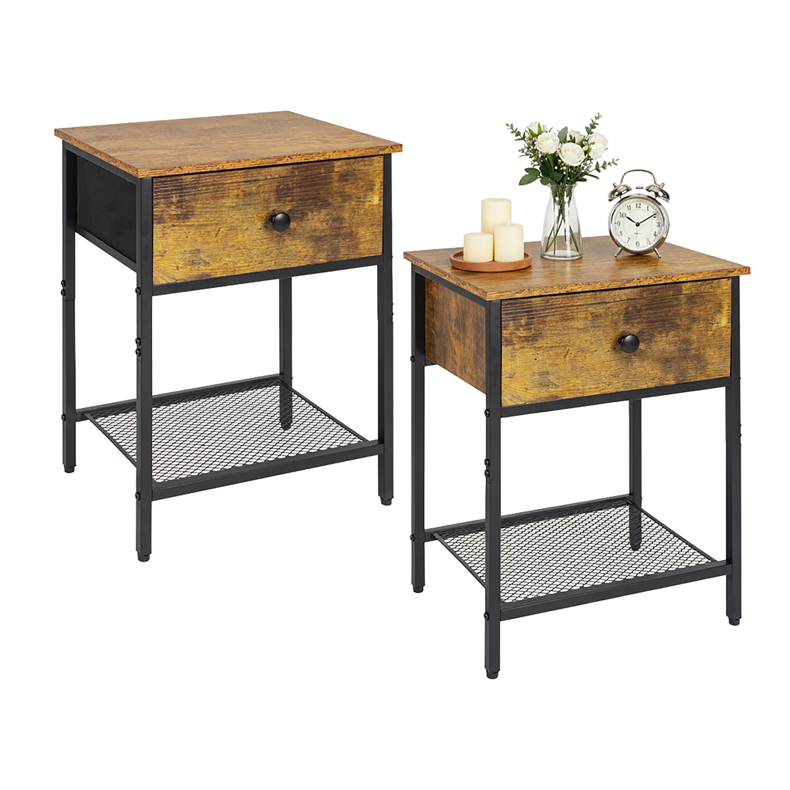 TEMU Mesitas de noche negras, conjunto de 2, 55 x 40 x 30 cm, MDF y acero con madera, cajón, estante abierto, patas regulables antideslizantes, para