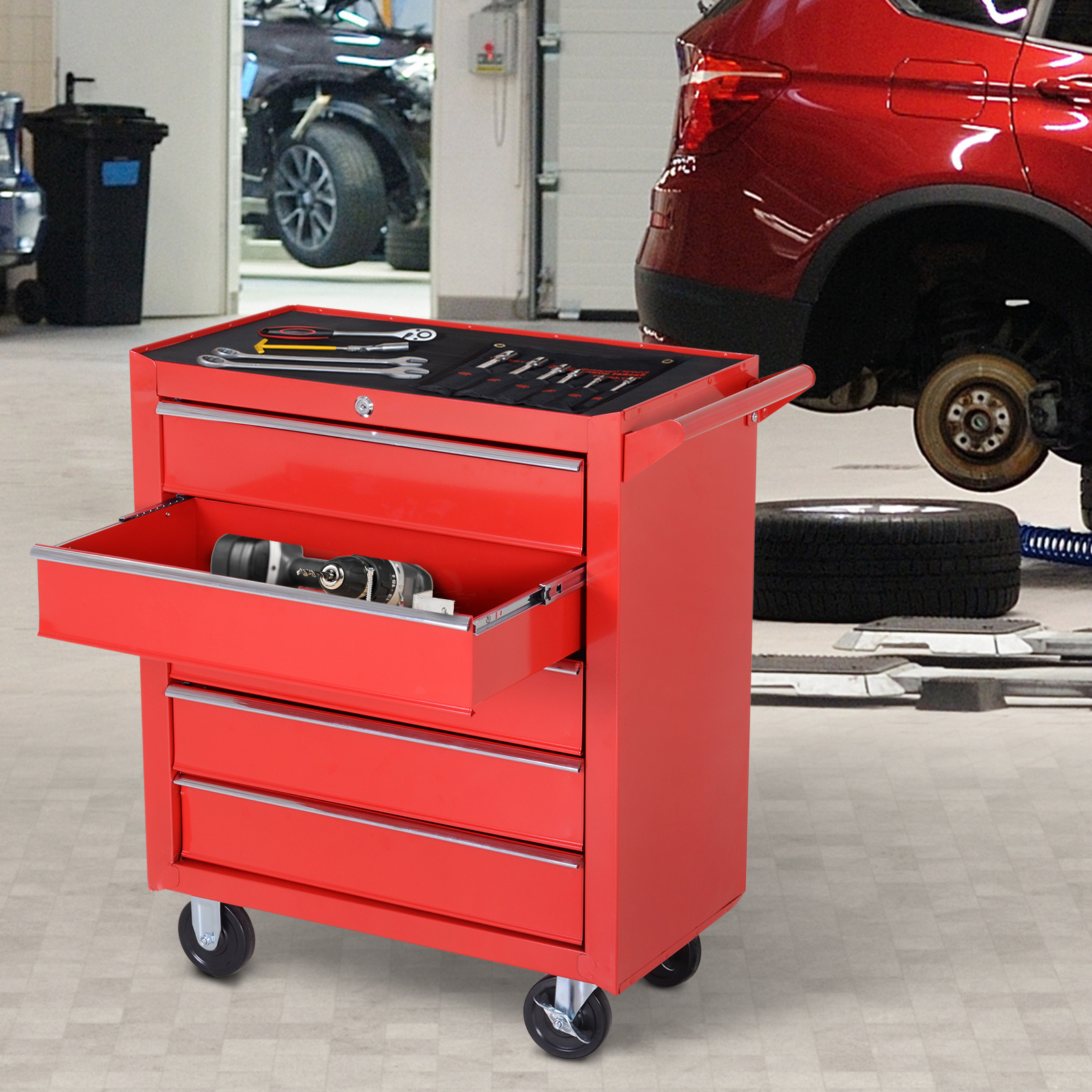 TEMU Durhand 5 Drawer Roller Tool Cabinet Storage Box Workshop Chest Garage Wheeling Trolley W/ Handle - Red