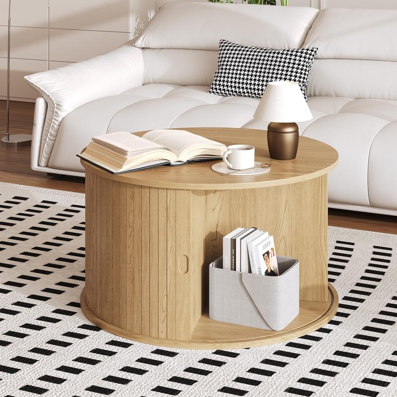 Image of 28" Round Coffee Table With Storage, Mid Century Modern Fluted Accent Table With Sliding Tambour Door For Living Room, Oak