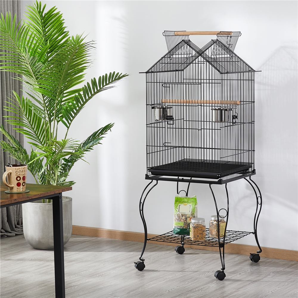 E-shop Costoffs XXL Vogelvoliere mit Rollständer Vogelkäfig mit Freisitz & Sitzstangen & Futternapf aus Metall & Herausbarer Bodenwanne Tierkäfig