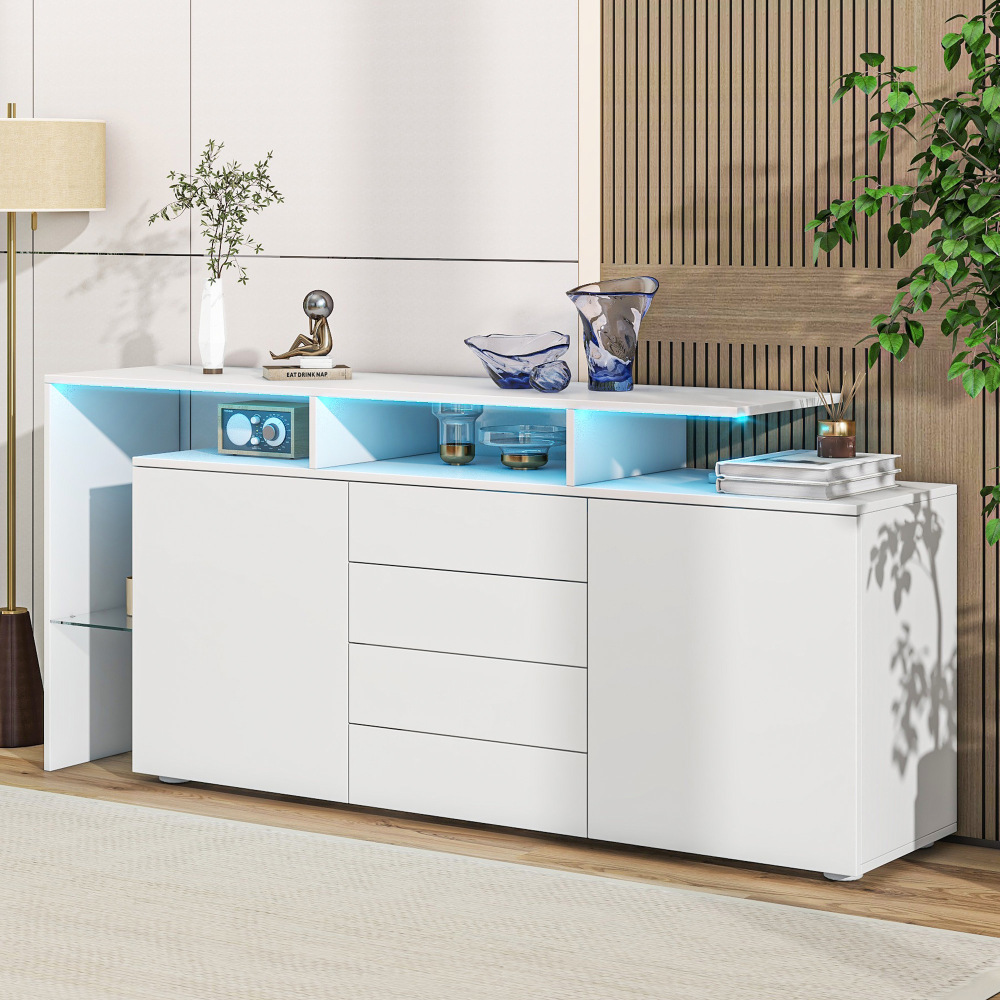 Image of Modern 160 Cm Sideboard With High-gloss Finish, 2 Doors, 4 Drawers, And Storage Space, Versatile Storage Cabinet For Living Room
