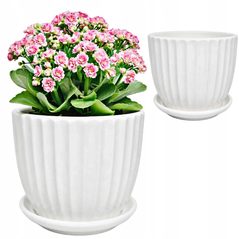 Doniczka ceramiczna biała z podstawką dekoracyjna nowoczesna: retailer-supplied image
