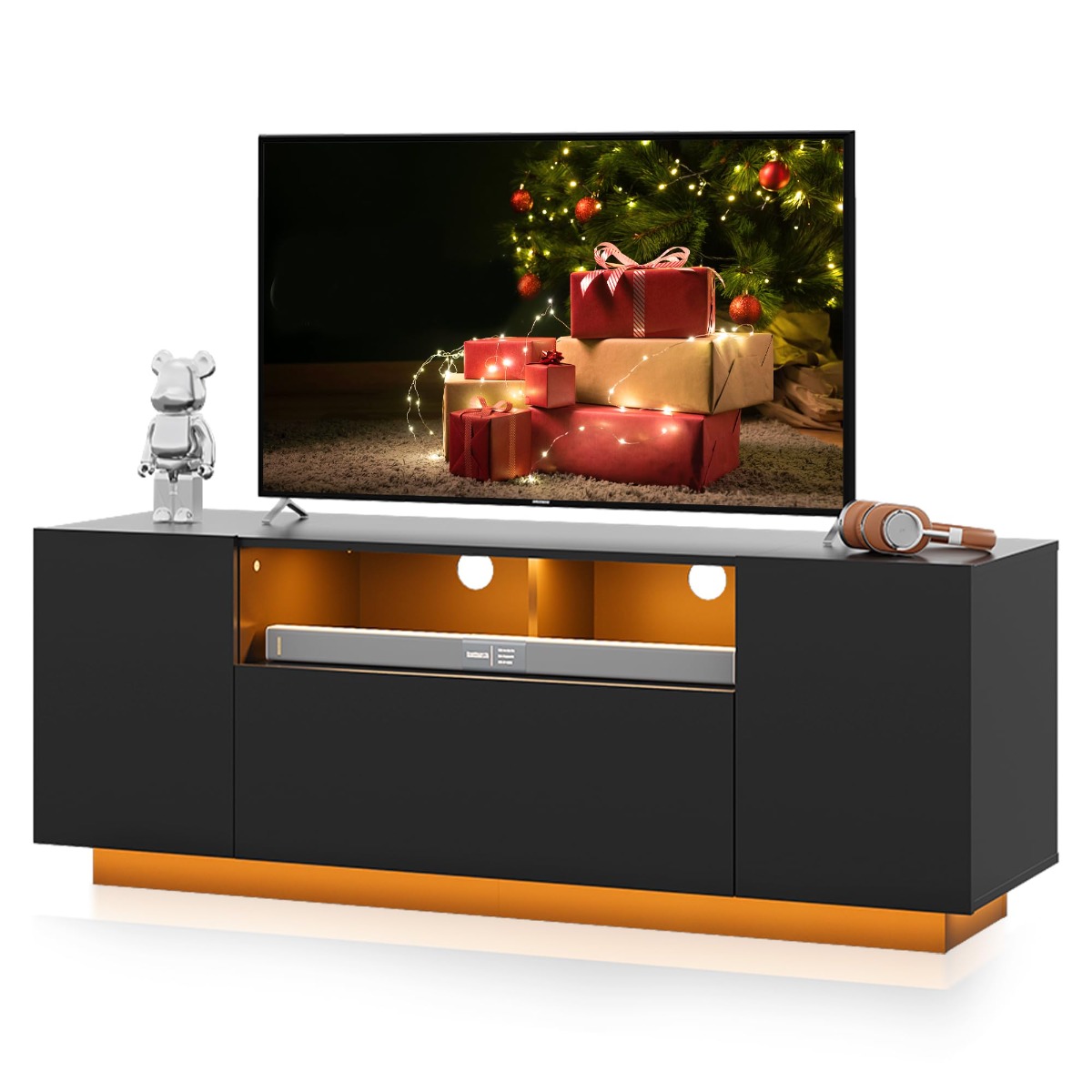 Tv Cabinet Black Lowboard High Gloss, Tv Board With Cabinets And 2 Open Surfaces, Tv Table With Folding Door, 122 X 36 X
