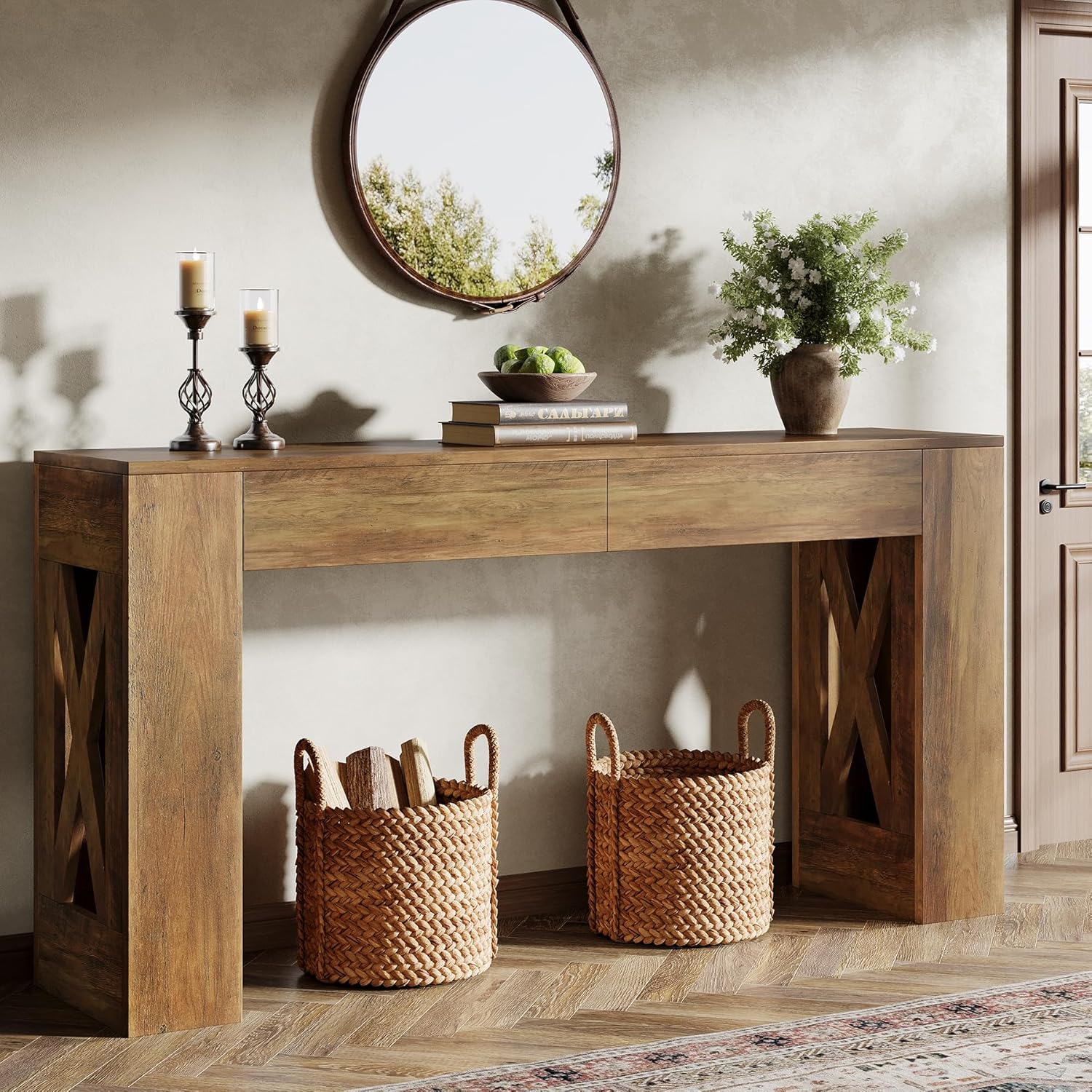 Image of Vintage 160 Cm Long Console Table, Farmhouse Entryway Table With 2 Drawers And X-shaped Legs, Modern Narrow Sofa Table Behind The Couch For Entrance, Hallway, Living Room, Warm Brown