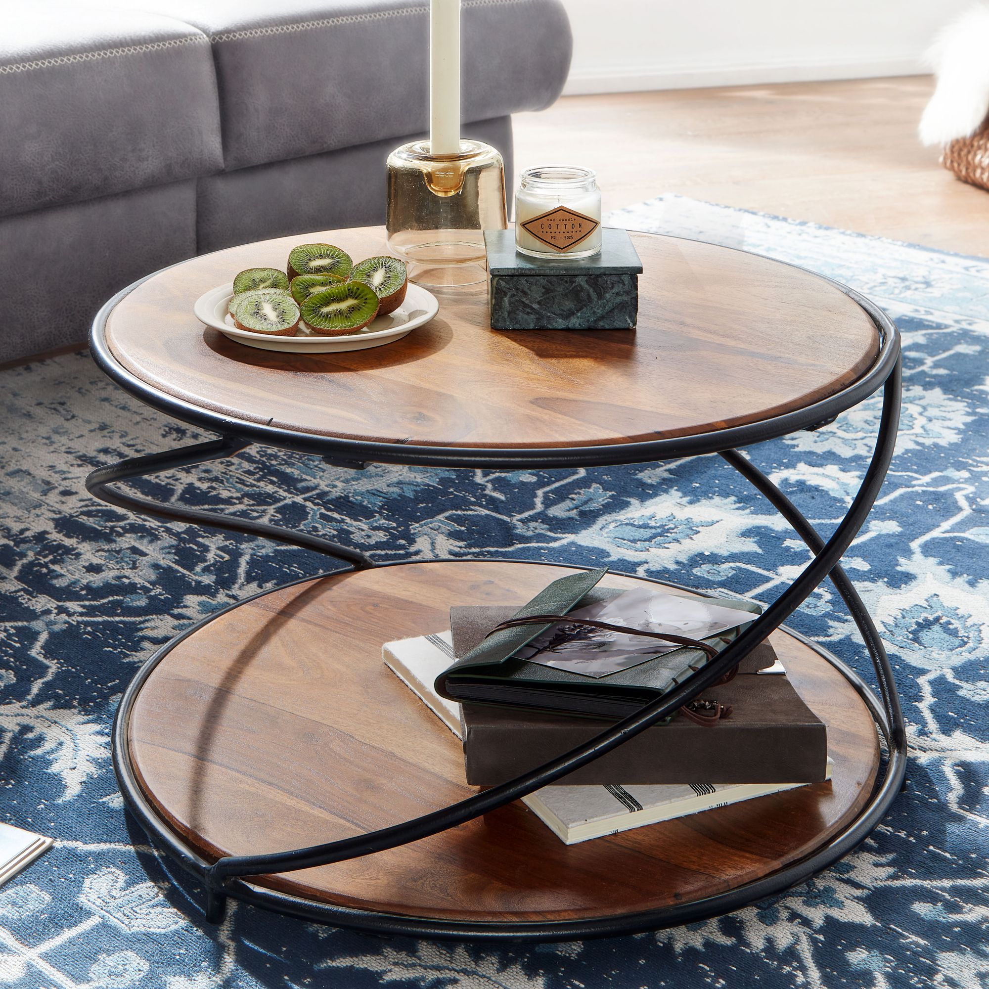 Image of Coffee Table 58x58x35 Cm Solid Wood / Metal Round Sofa Table, Design Living Room Table, Solid Coffee Table, Small Side Table For Living Room, Modern With Storage Space