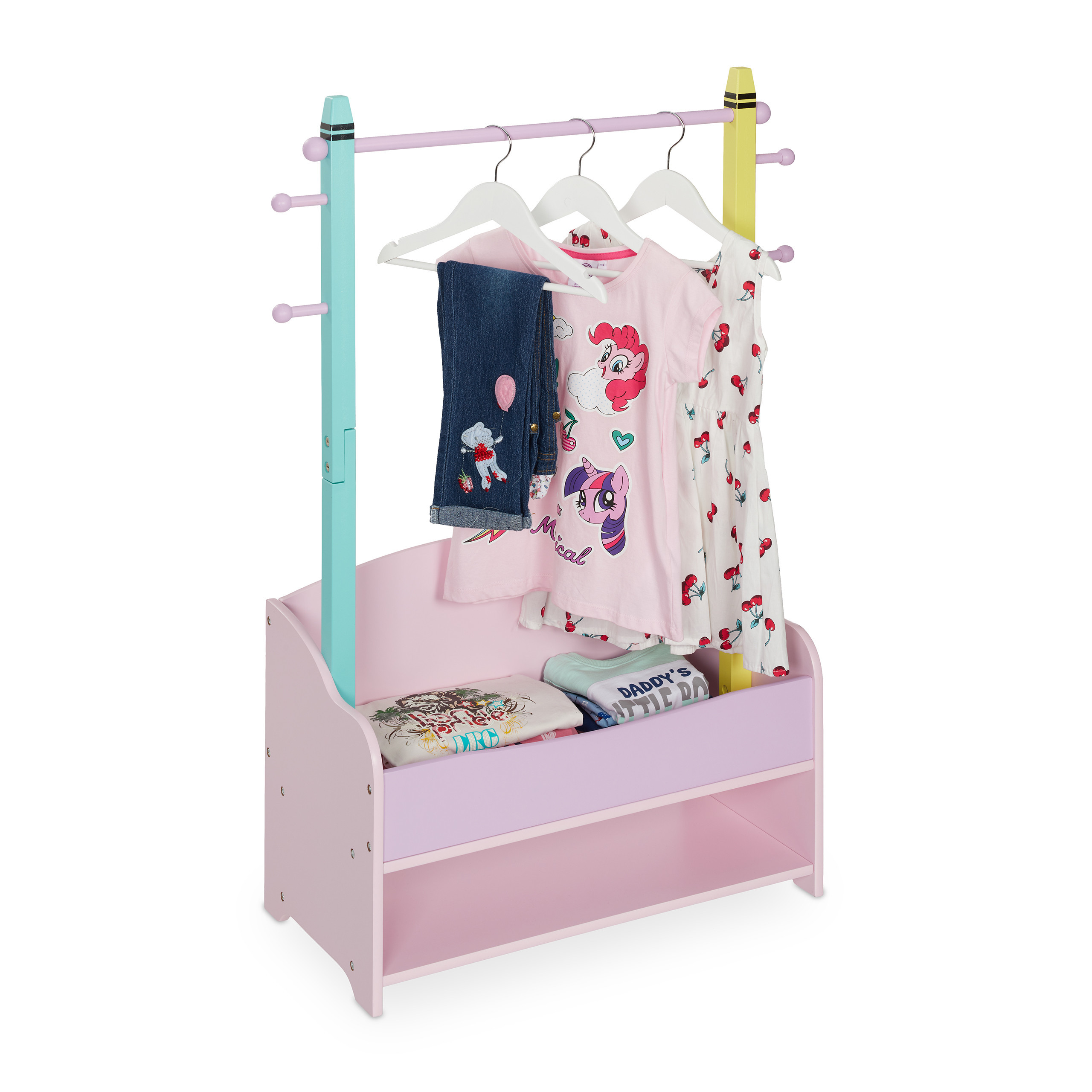 Image of Clothing Racks, Colorful, 4 Hooks And 2 Shelves, 100.5 X 71 X 30 Cm, And Pine Wood, Pink, Yellow And Turquoise, For Children's Room And Children's Clothing, Wardrobe, Clothes Rail, Relaxdays