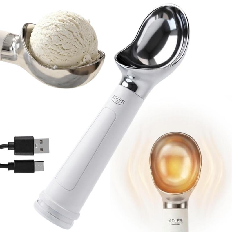 Image of Modern Electric Heated Ice Cream Scoop With Led Display, Grip Sensor, Rechargeable Usb-c Battery, 50 , White.