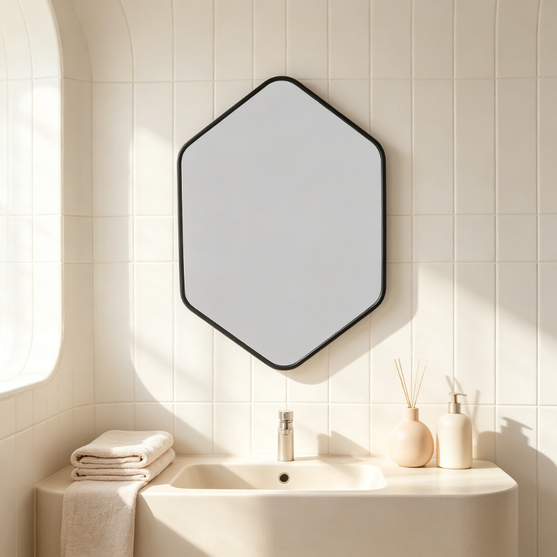 Hexagon Wall Mirror with Black Metal Frame, 40x60cm