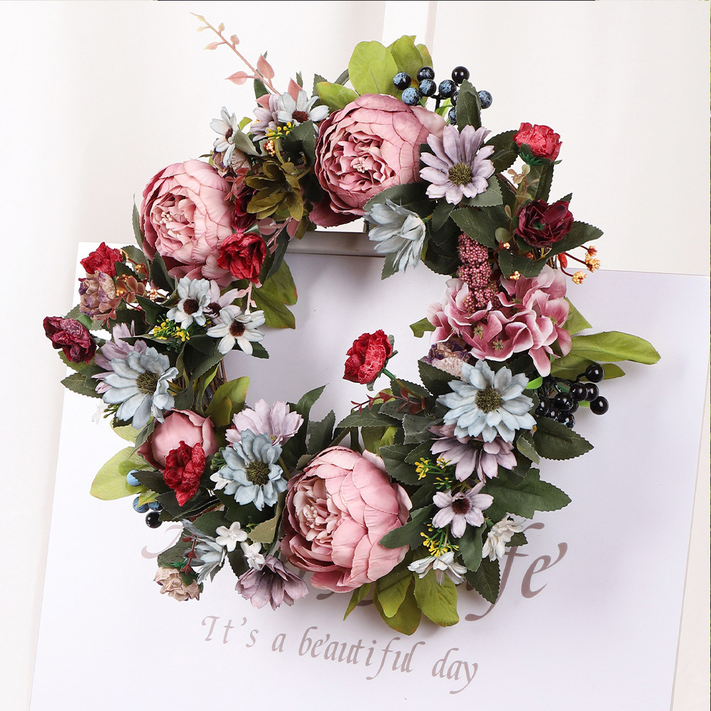 Image of 35cm Rustic Flower Hanging Wreath Ornament Artificial Peony Floral Hanging Garland Farmhouse Style Wall Door Hanging Decoration For Wall Window Home Porch Wedding Party Decoration