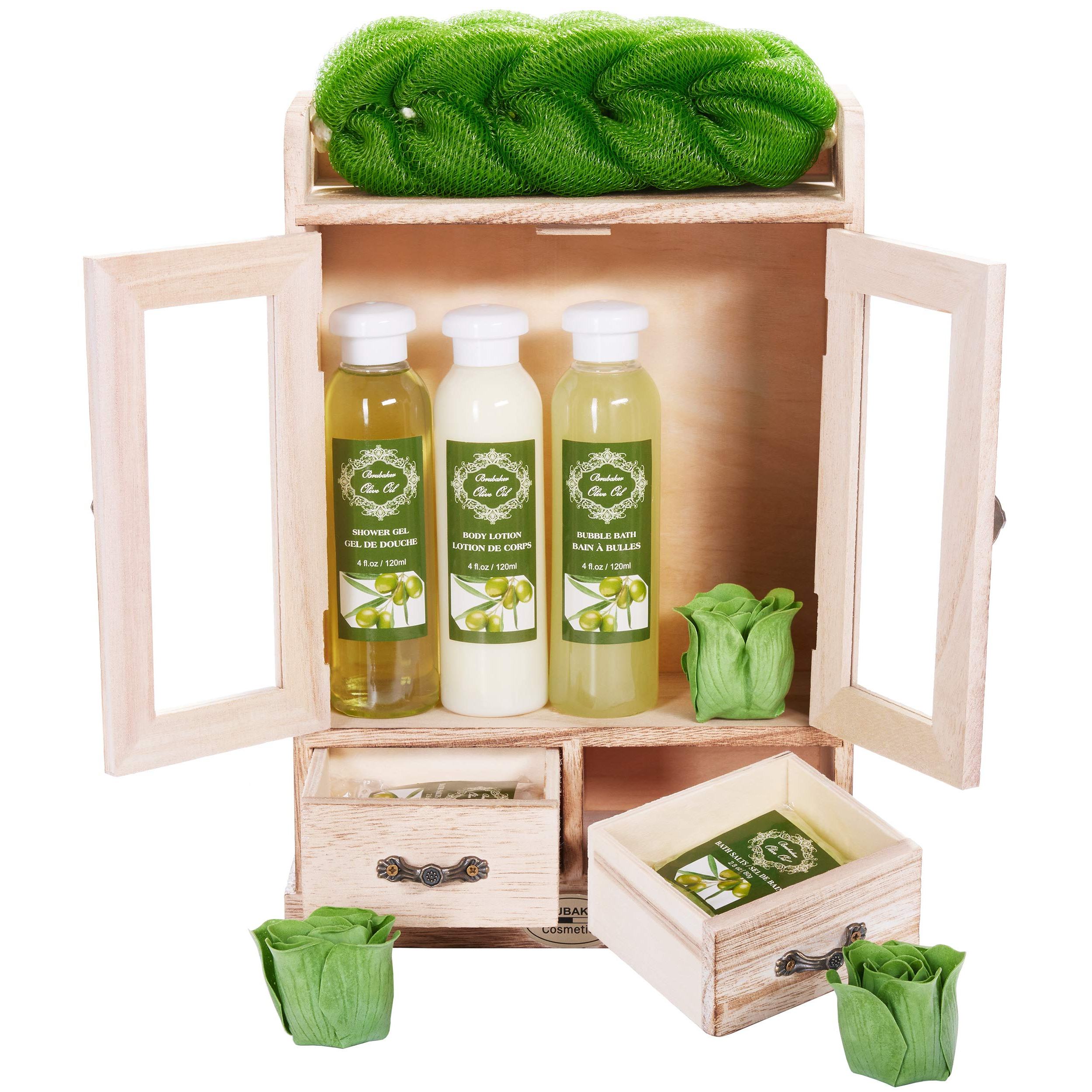 Image of Brubaker Cosmetics Olive Bath And Care Set In Wooden Cabinet