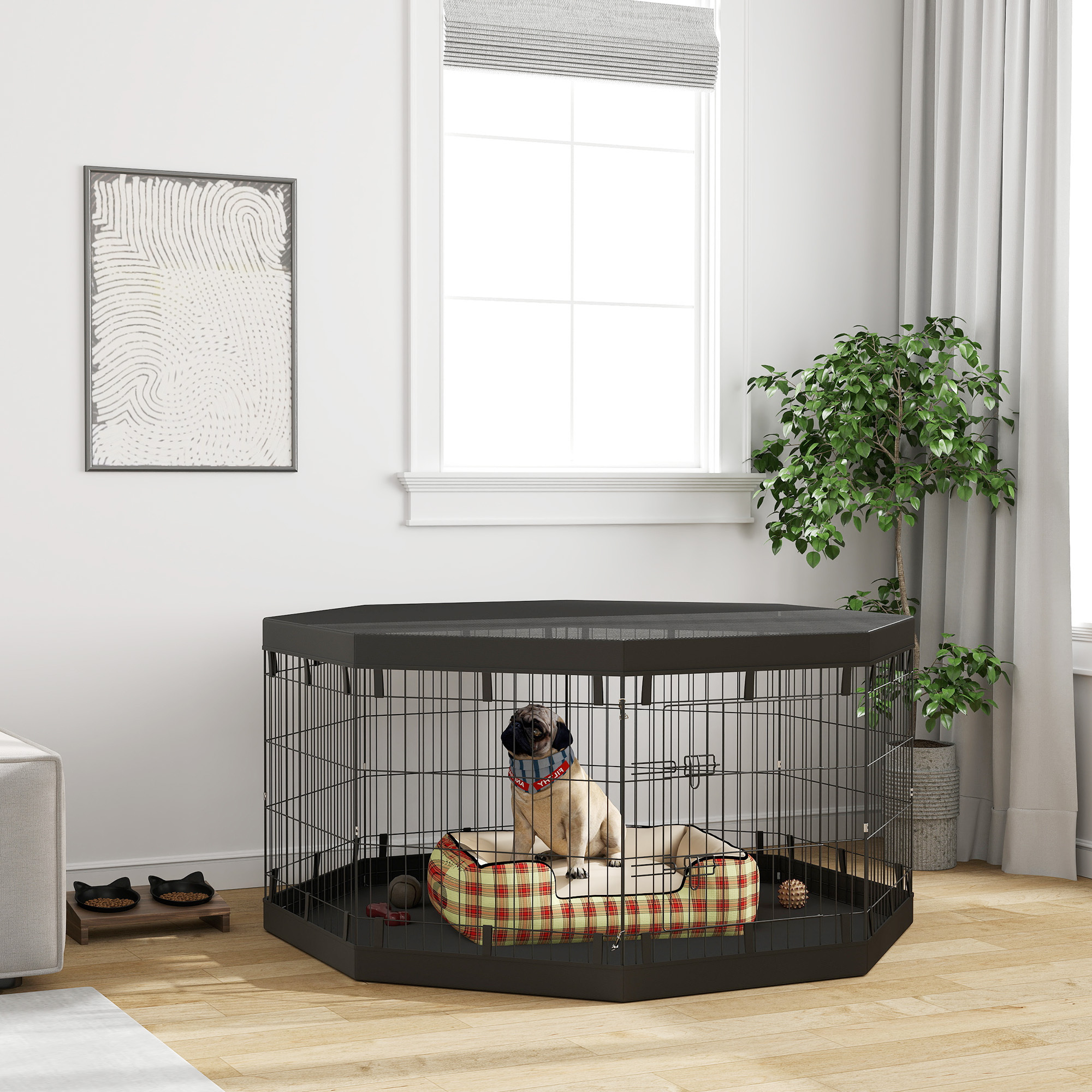 Image of Puppy Run, Puppy Run Stable With Doors, Windows, Running Cage With Breathable Mesh, For Small & Medium Dogs Under 20 Kg, Indoor & Outdoor, 159 X 159 X 76 Cm, Black