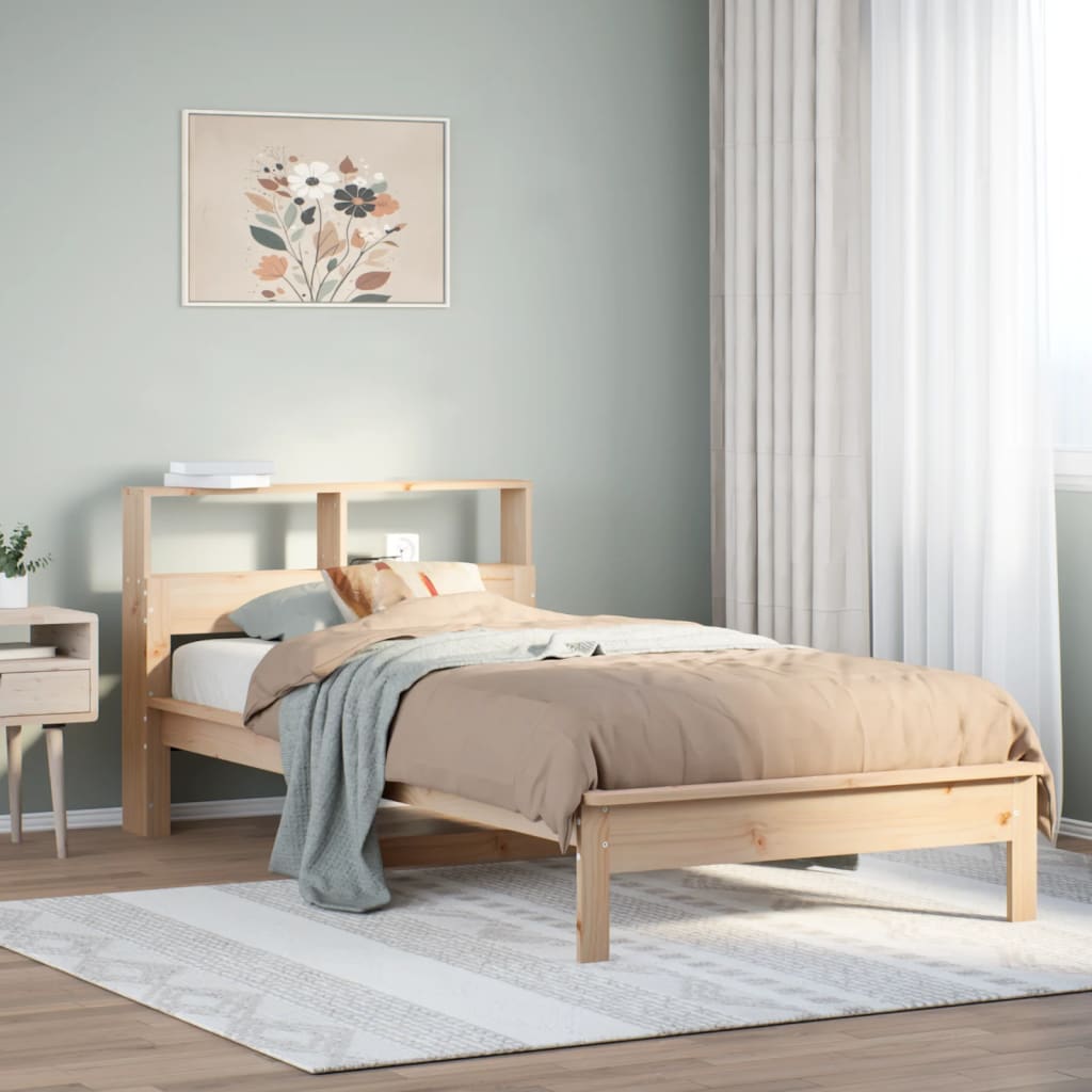 Vidaxl Solid Wood Bed, Bed With Bookshelf Without Mattress, Bed Frame With Slatted Base, Wooden Single Bed For Bedroom, 90x200cm Pine
