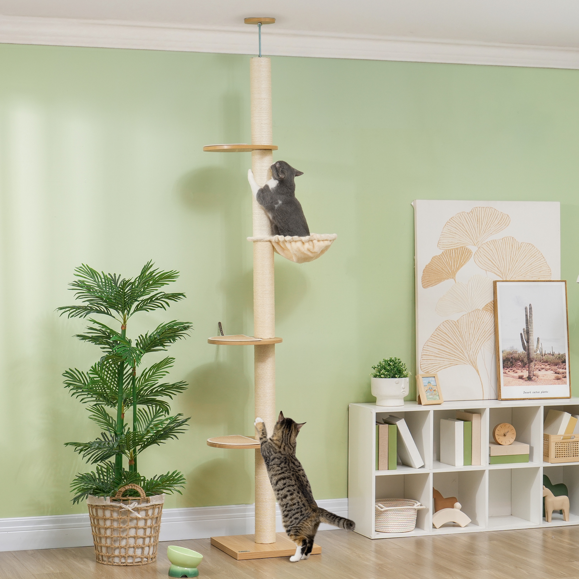Scratching Tree, Ceiling High Cat Scratching Tree, 230-250 Cm, Climbing Tree With Hammock, Height Adjustable Cat Tree, Play Tree With Tip Protection, Plush, Oak+cream White