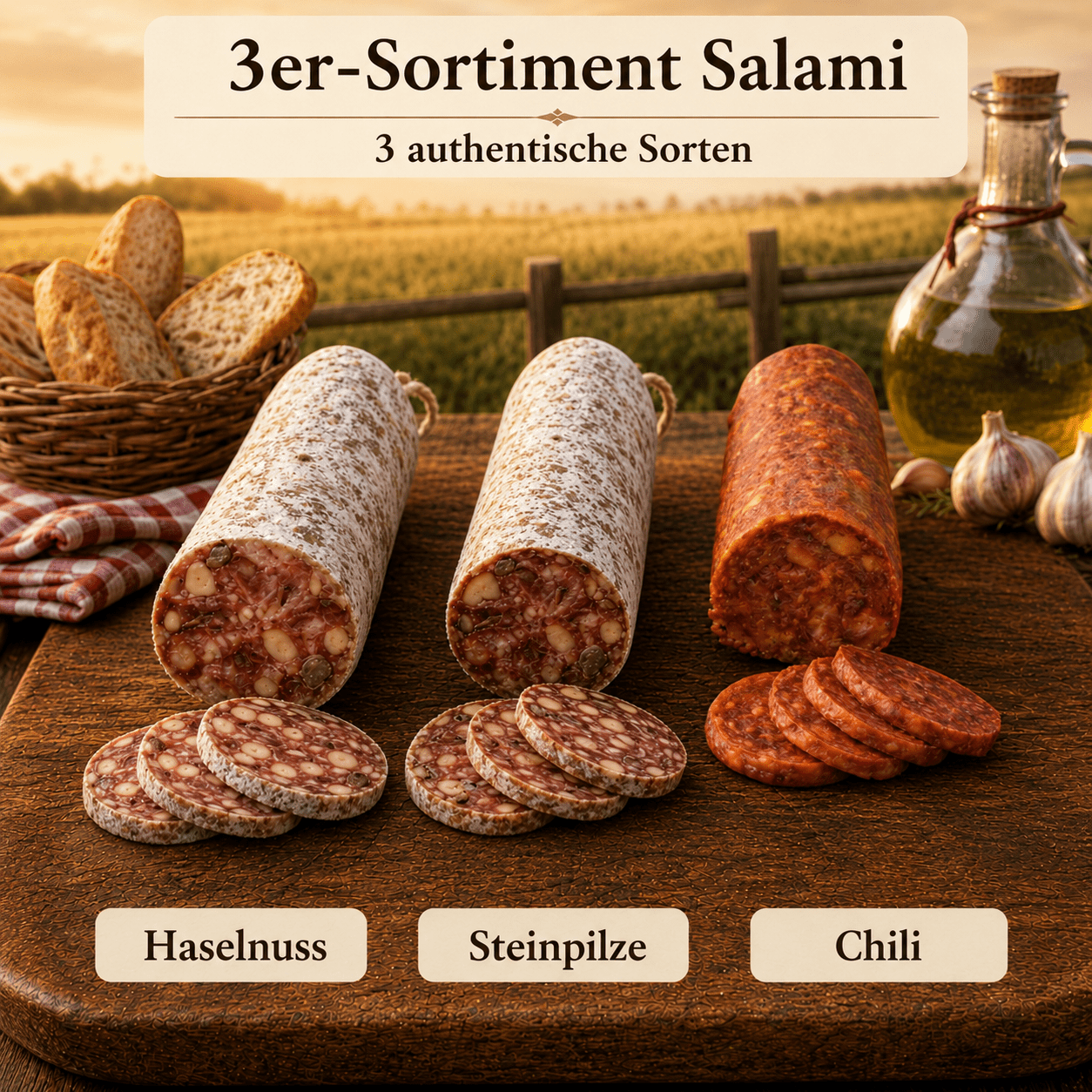 Image of 3-piece Salami Assortment - Flavors: Hazelnuts, Porcini Mushrooms, And Chili ◈ 100% French Salami ◈ Natural Casings And Hand-tied ◈ Artisanal Craftsmanship By Chillet House Since 1902