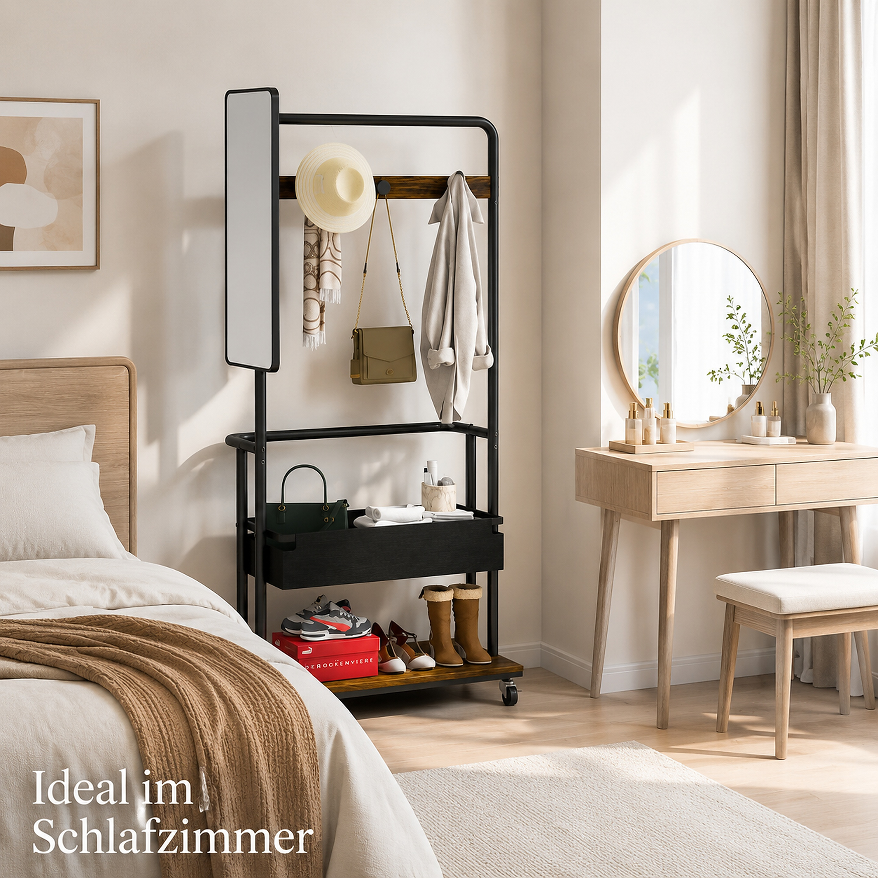 Image of Multifunctional Mobile Clothes Rack With Full-body Mirror, Storage Basket And Wheels For Hallway And Bedroom, 70*40*170cm