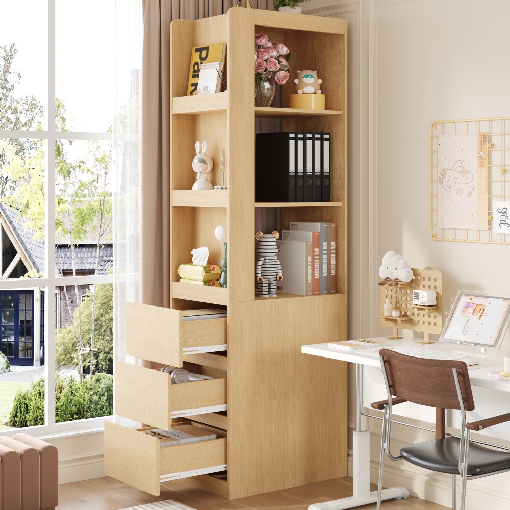 Image of 60x40x200 Cm High With Drawers - Narrow Shelf (40 Cm Deep) In Oak - As Room Divider, Sofa Sideboard, Bathroom Cabinet - Part & Flexible Installation