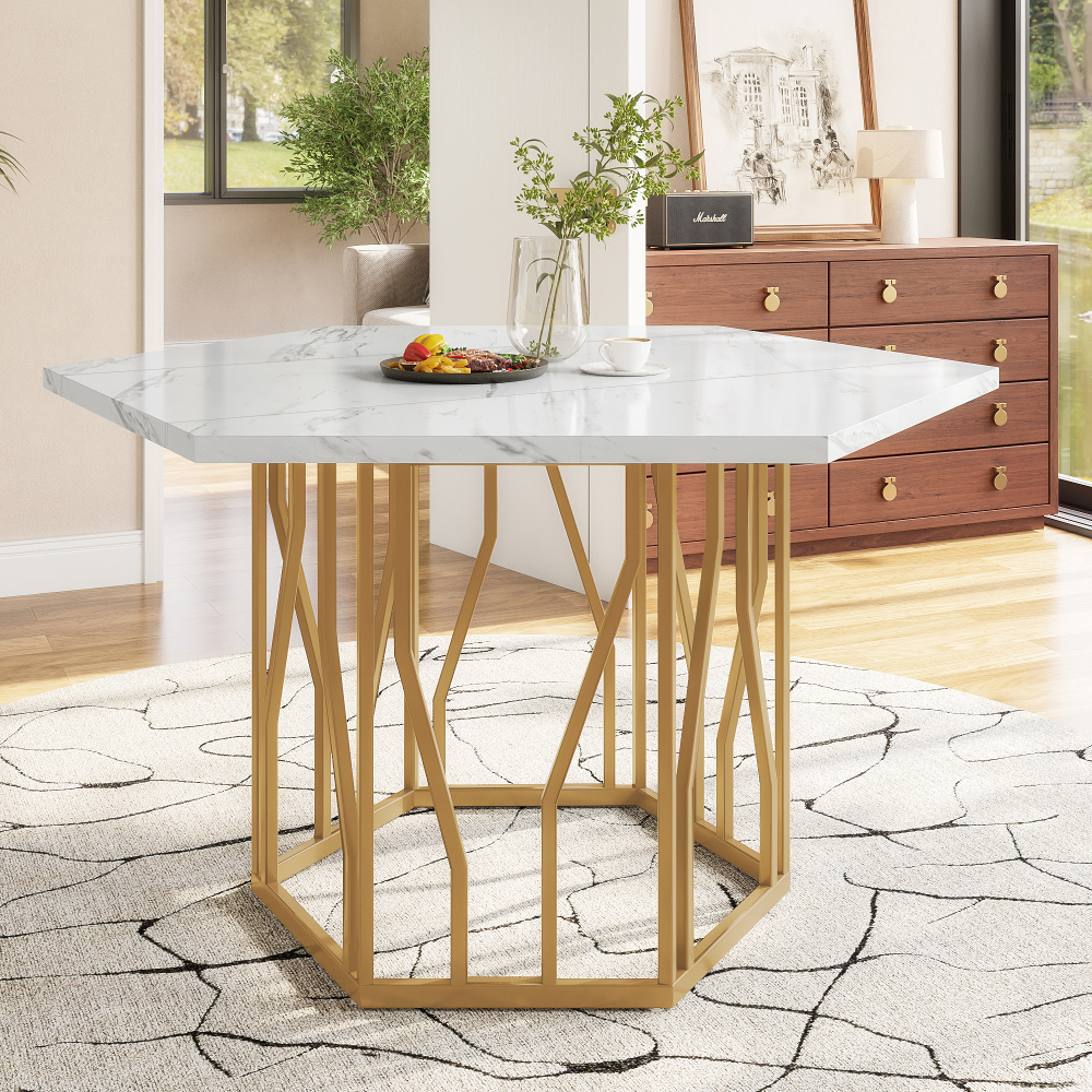 Image of Modern Hexagonal Marble Dining Table, Metal Branch Frame, Minimalist Aesthetic Coffee Table, Suitable For Dining Room And Living Room, Golden