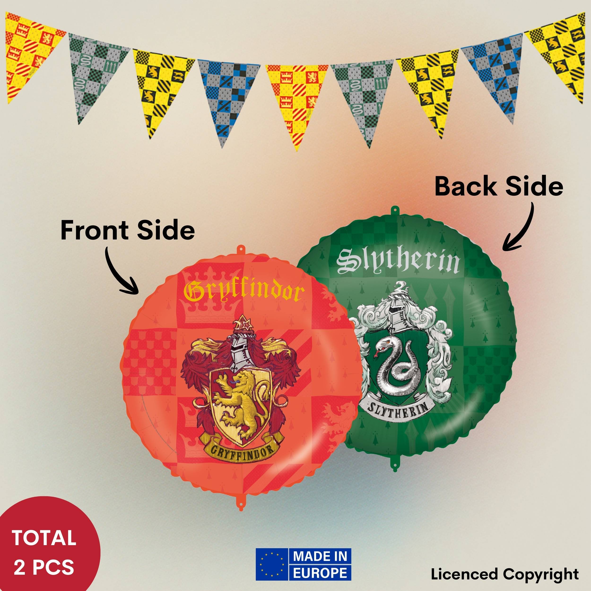 Image of 2pcs. Harry Potter Hogwarts Houses Party Decor Set - With 1 Foil Balloon Ø46 Cm . Ribbon & Weight And 1 Pennant Banner - Magical Room Decor For Children's Birthday, Theme Party & Hogwarts Fans