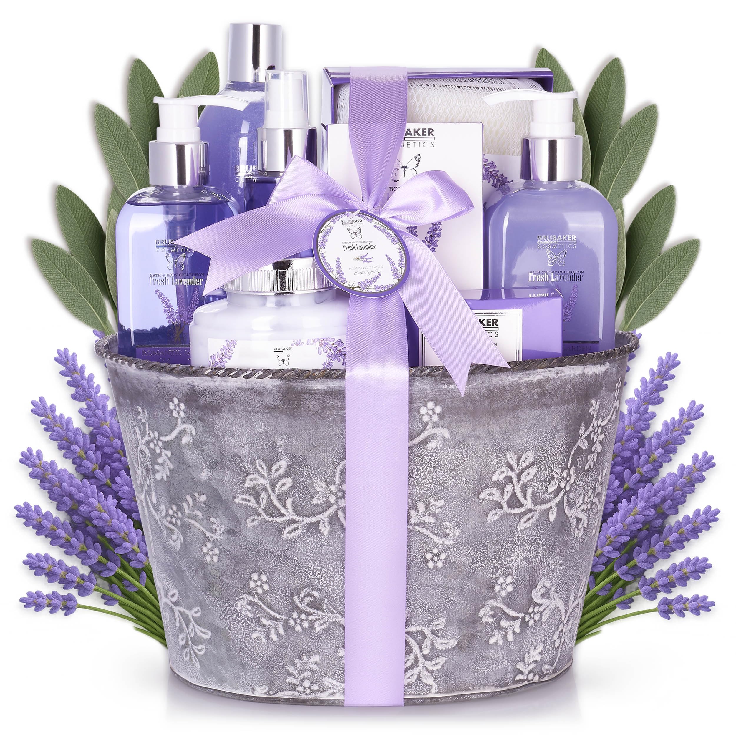 Image of Brubaker Cosmetics Bath And Shower Set Lavender Scent - 9pcs Gift Set In Vintage Planter - Wellness For Home - Gift For Women