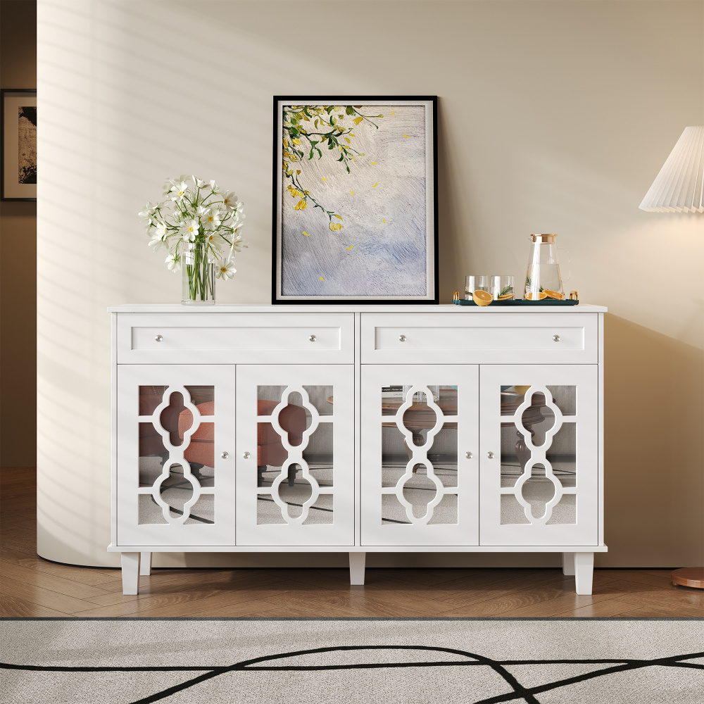 Image of 140 Cm (l) X 83 Cm (h) X 40 Cm (b) - Sideboard With 4 Mirrored Doors, Dresser With Drawers, Adjustable Shelves And Crystal Handles.