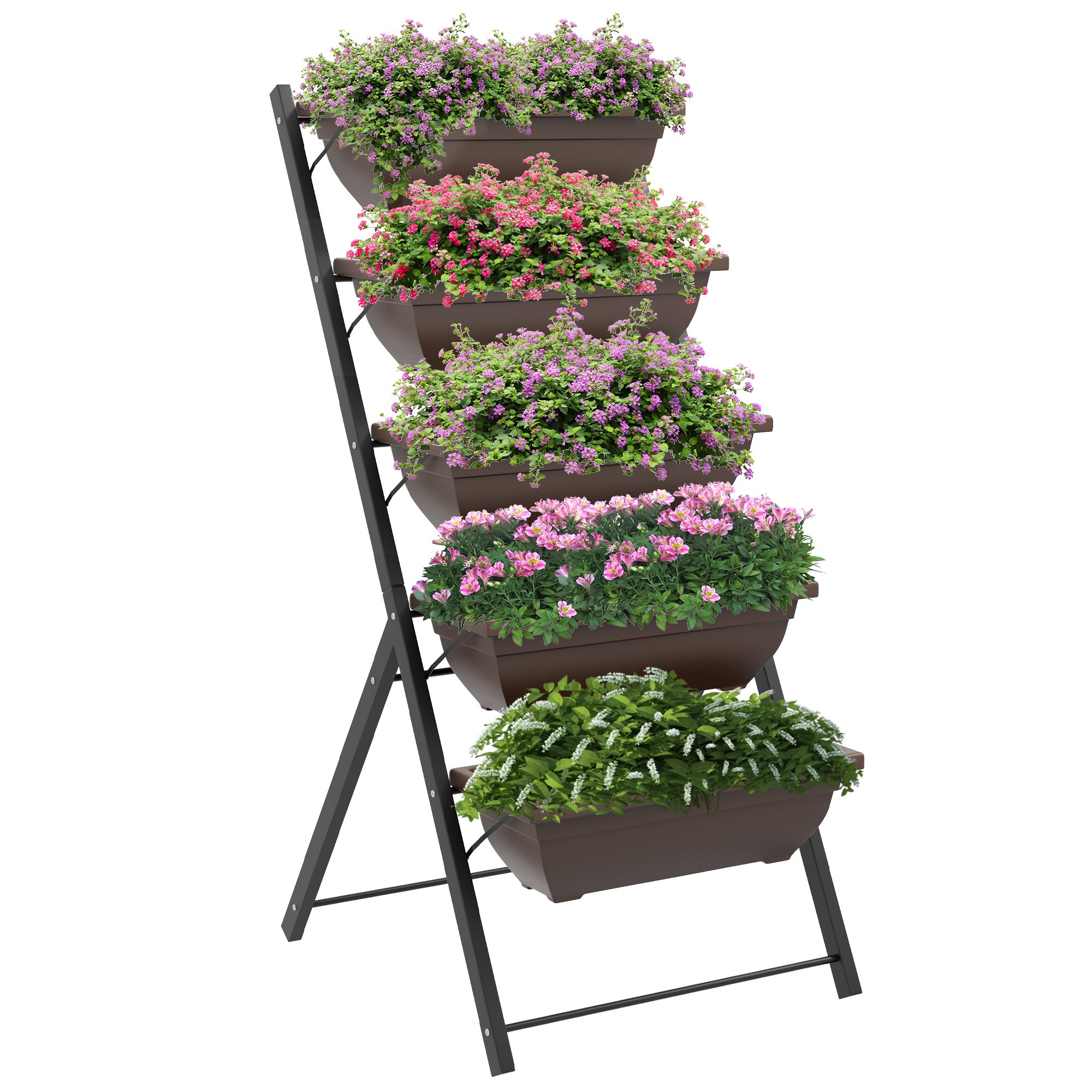 Image of Outsunny Elevated Garden Planter With Tier, Vertical Garden Planter With Pots, Drainage Holes With Rubber Plugs, Ladder For Plants, Vegetables, Herbs, , Brown