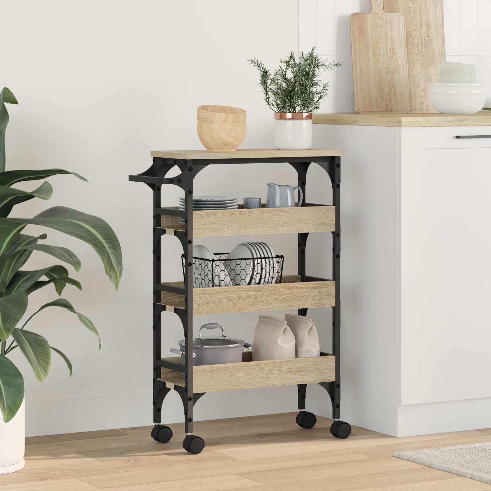 Image of Kitchen Trolley Oak 53 X 20 X 76 Cm Wood Material, Modern Kitchen Trolley, With Storage Space, Practical Helper For Eating And Cooking