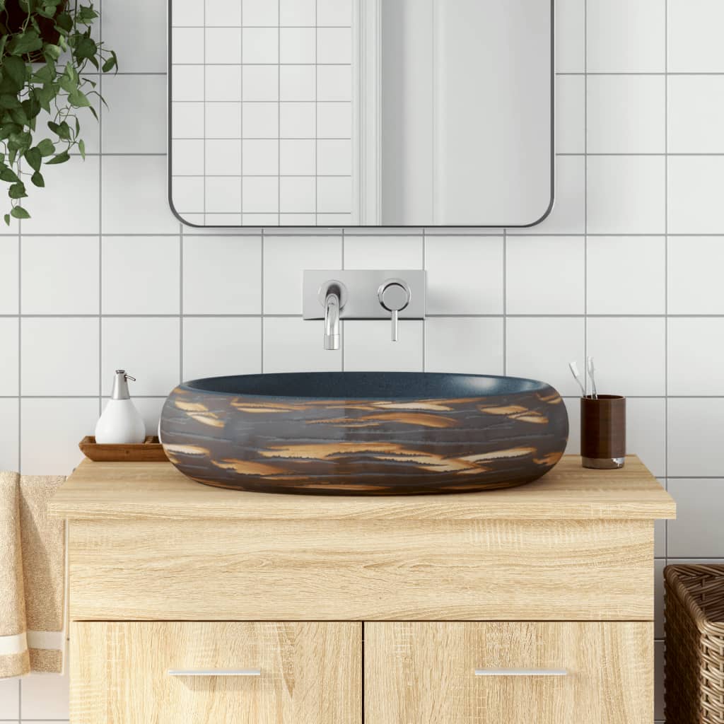 Vidaxl Countertop Washbasin, Oval Washbasin With Pattern, Bathroom Vanity Sink, Hand Washbasin Sink, Brown Blue 59x40x15 Cm