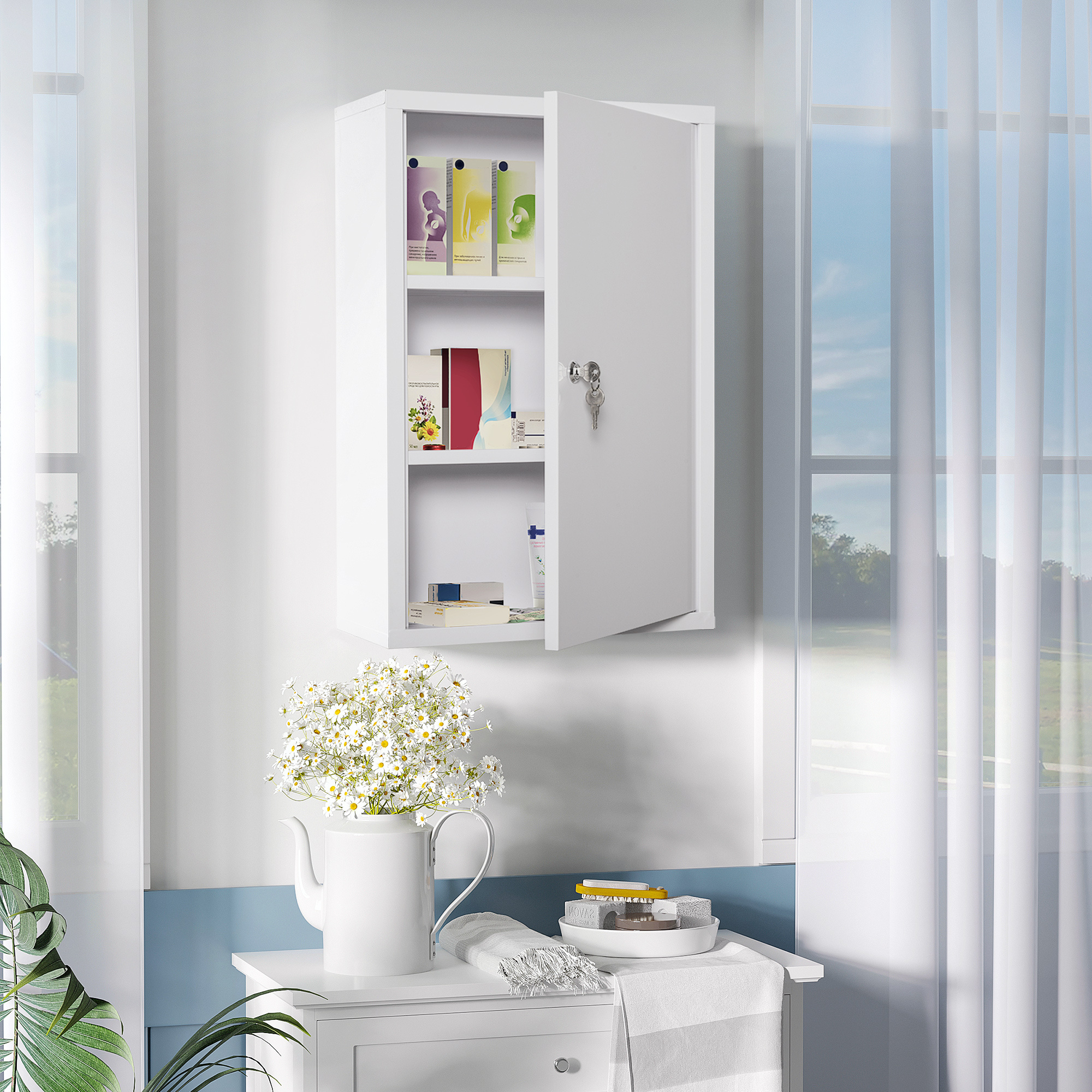 Medical Cabinet For Medication Storage, Lockable Metal Medicine Cabinet With 3 Compartments, Cabinet, 40 X 18 X 60 Cm, White