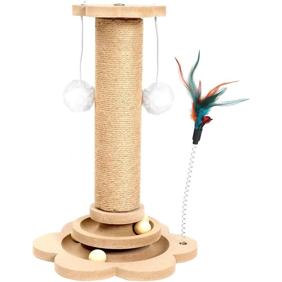 TEMU Cat Scratch Post For Indoor Cats – 40cm Pine Wood & Sisal Scratcher With Interactive Balls, Feather Teaser & Platform, Compact Kitten Scratching