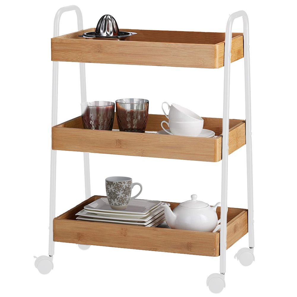 Image of Bakaji Metal Kitchen Trolley Cart With 3 Wooden Shelves, 4 360-degree Swivel Wheels With Brake, Space- Home Kitchen Furniture, , Size 49 X 70 X 28 Cm