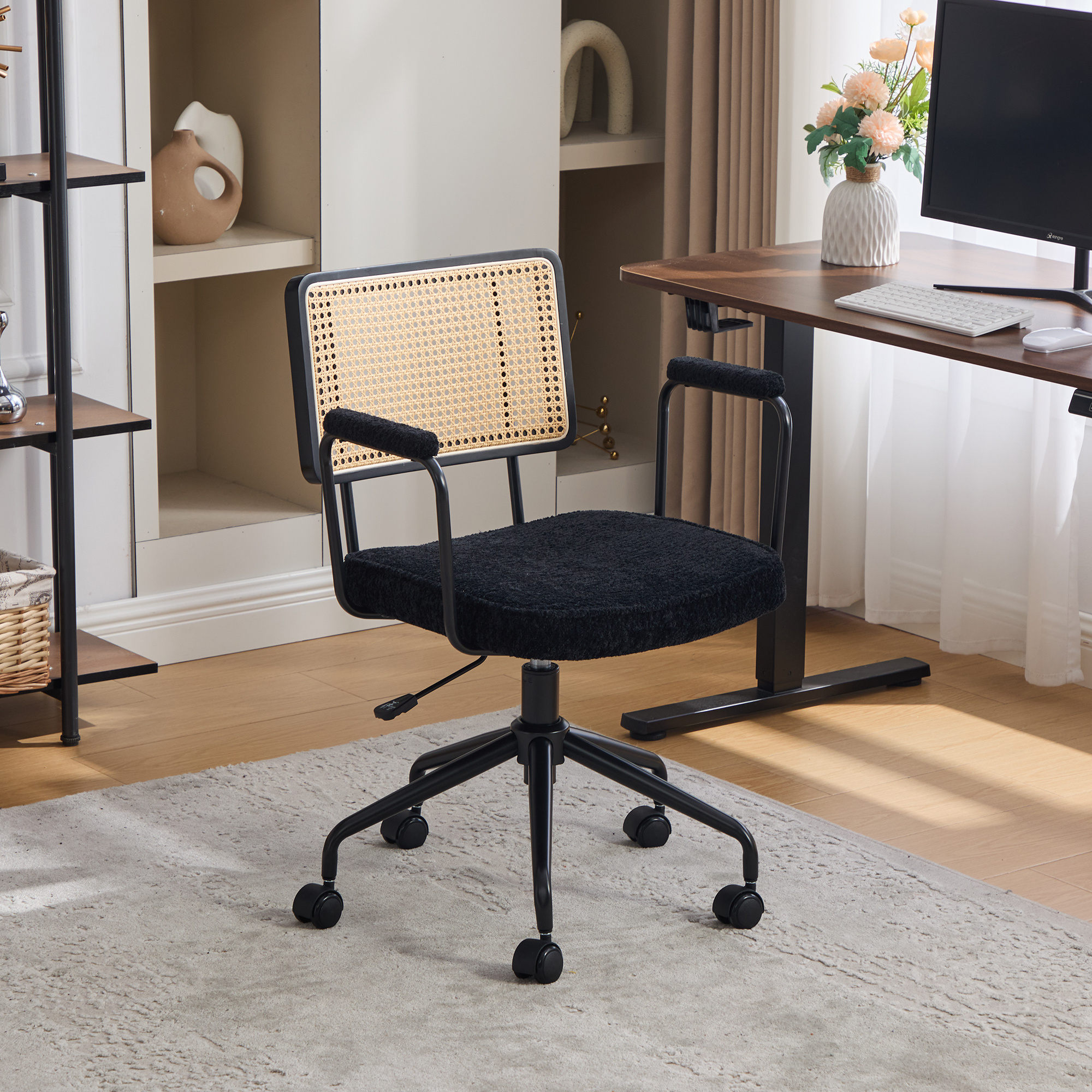 Image of Vintage Rattan Office Chair With Wheels - Adjustable Swivel Desk Chair With Chenille Seat & Wooden Frame For Home Office, Study, Living Room -black