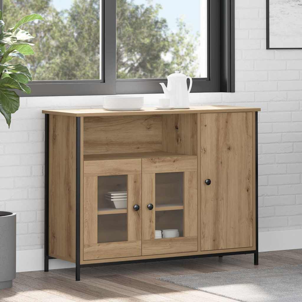 Image of Vidaxl Oak Sideboard With Glass Doors | Wooden Material Buffet Cabinet Stylish For Perfect And Displaying Door Furniture