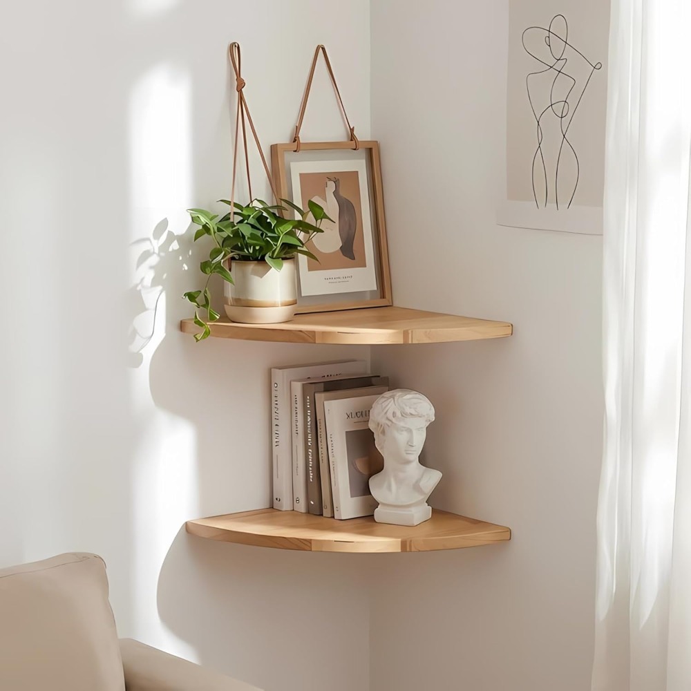 2pcs Solid Oak Corner Wall-Mounted Shelf with a Floating Rounded Corner Design And Cable Management Hole. This 90° Corner Wall-Mounted Shelf Is Suitable for Placing Speakers, Small Plants, Picture Frames, Etc., And Is Suitable for Bedrooms.