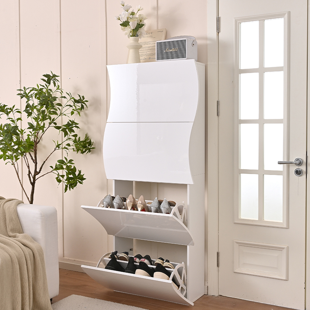 Image of Shally Dogan Wavy Wooden Shoe Rack With Glossy , Space- Double-depth Shoe Cabinet With Doors, Slim Shoe Storage For Entryway, Bedroom, Living Room (), Height 161 Cm