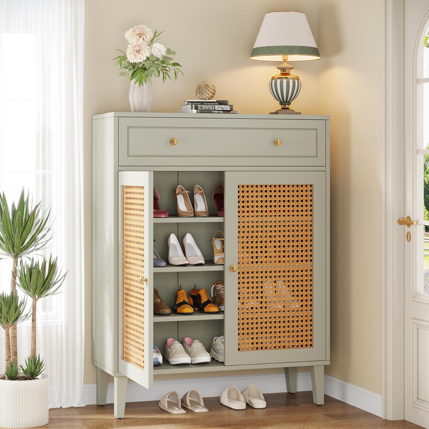 Image of Modern Shoe Cabinet With Doors And Drawers, Vintage Shoe Rack With Adjustable Shelf For Entryway, Wooden Shoe Organiser For Hallway, Living Room, Bedroom, Mint Green
