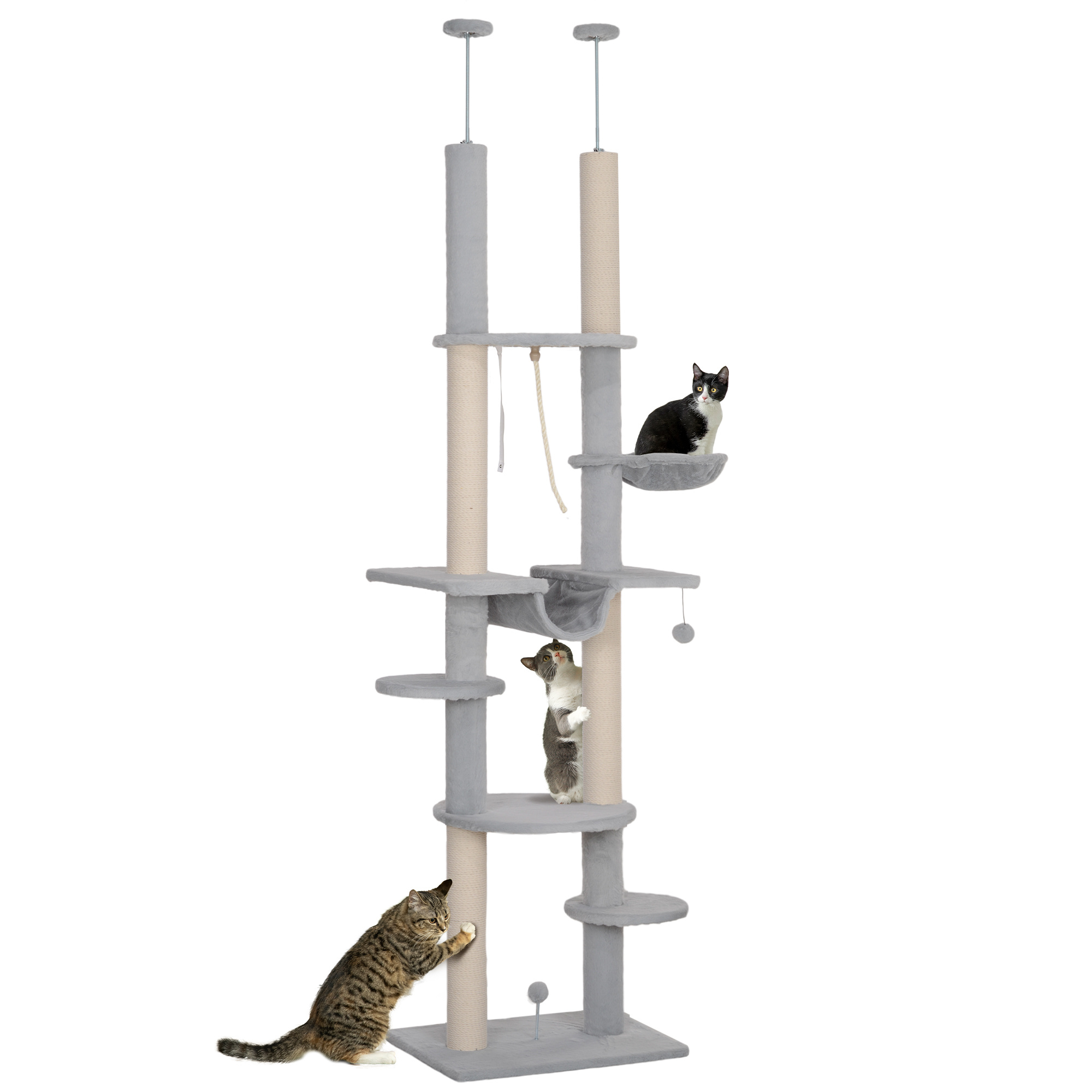 Image of Pawhut Cat To Ceiling 225-255 Cm 7-level Cat Scratching Tree Cat Tower With Hammocks Platforms Rope Toy Ball Toy