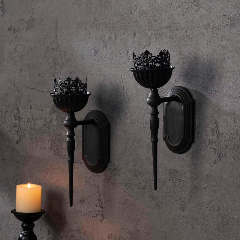 TEMU Wall Candle Sconces Set Of 2 - Black Wall Mounted Candle Holders For Halloween, Gothic Decor For Indoor Living Room, Bathroom, Bedroom, Dining