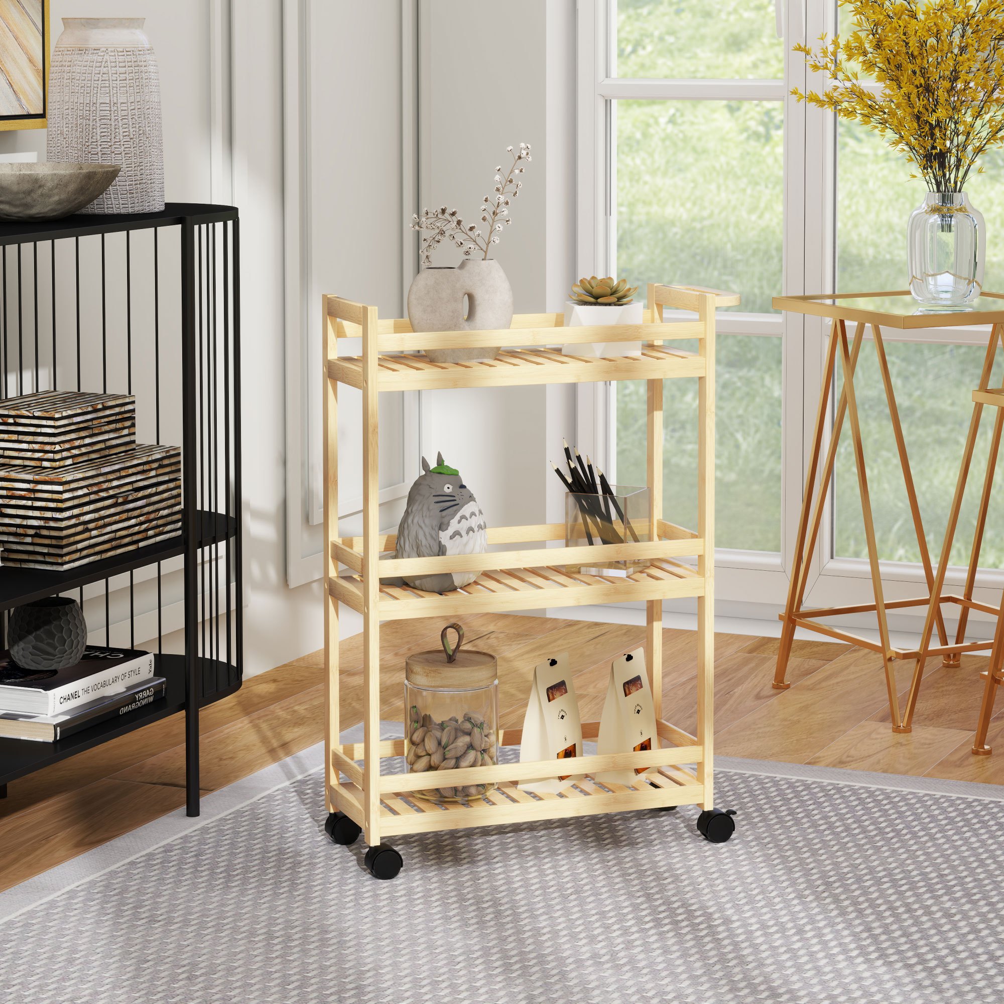 3-tier Bamboo Serving Trolley, Kitchen Trolley With Wheels, All-purpose Trolley With Handle, Storage Trolley For Office, Living Room, Kitchen, 55 X 20 X 75 Cm, Natural Wood