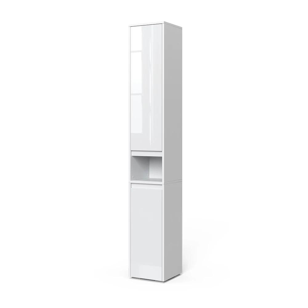 White High-gloss Bathroom Cabinet 30.2 X 191.5 Cm With Doors And Open Compartment, Laundry Cabinet, Tall Bathroom Cabinet, Slim Bathroom Cabinet, Bathroom Furniture, Particle Board, 16 Mm