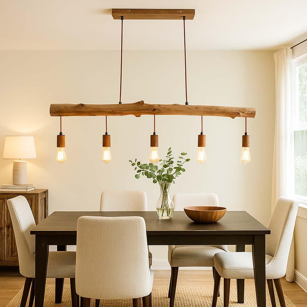 Led Pendant Lamp Wooden Beam Hanging Lamp 5 Flame-like Dining Table Lamp Living Room Lamp, 5x 4w 5x 280lm Warm White, L X H 100 X 140 Cm