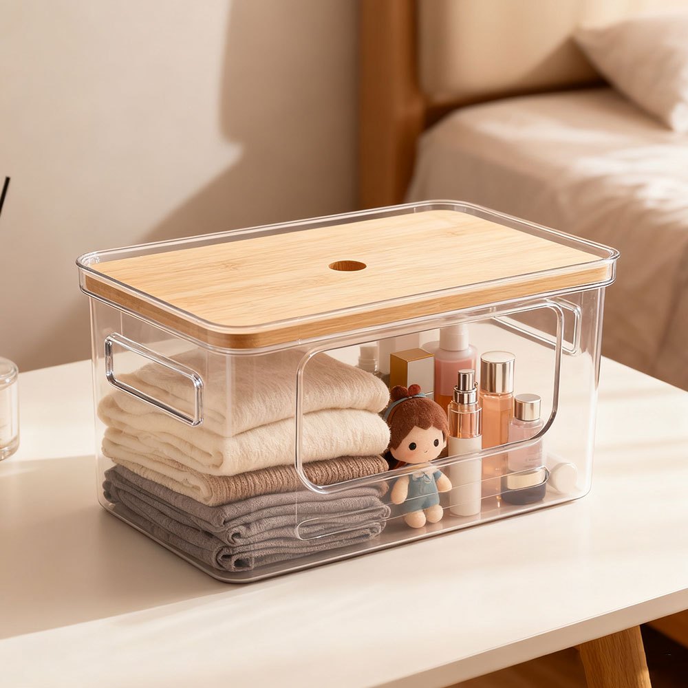Clear Rectangular Storage Box with Bamboo Lid, 1/3pcs